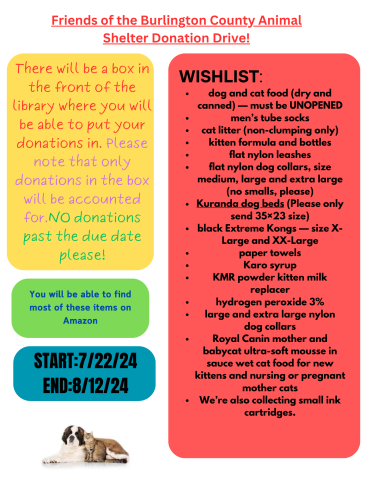 Suggested donations flyer for the Friends of the Burlington County Animal Shelter